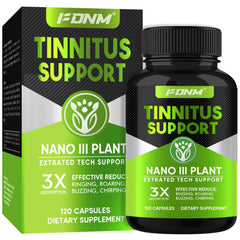 Bottle of Tinnitus Relief supplement showing 120 capsules