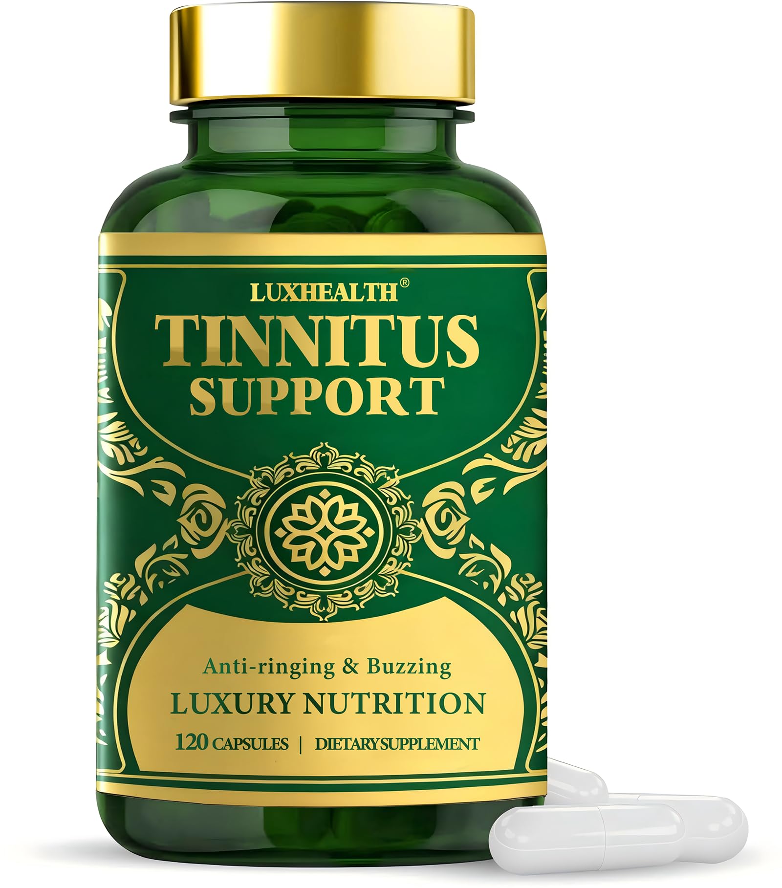 Tinnitus relief supplement bottle with 120 capsules