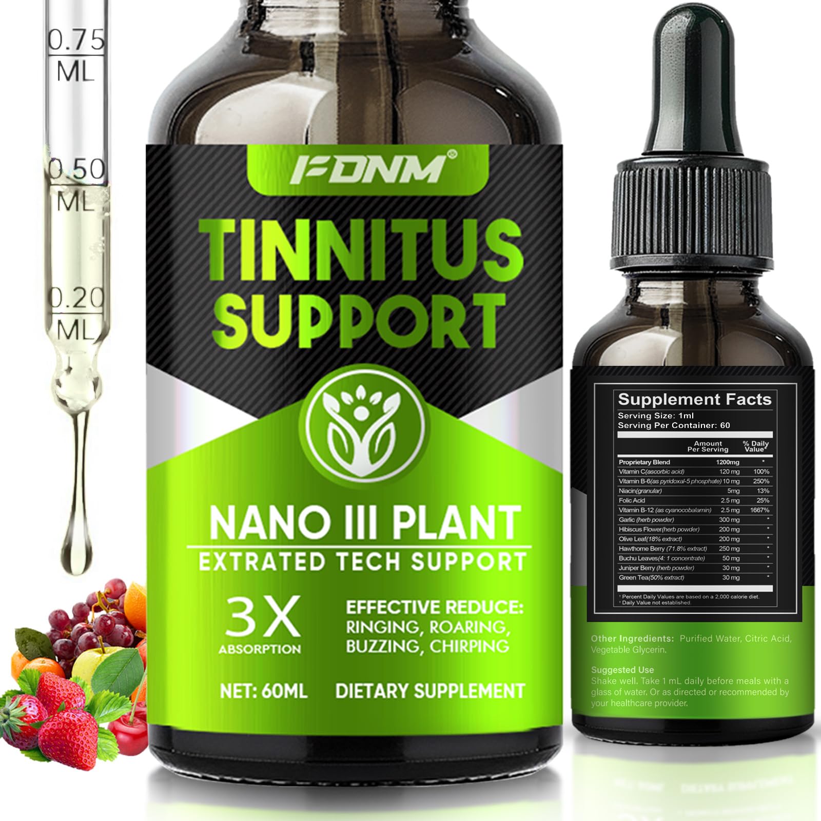 60 ml Tinnitus Relief Drops bottle on a clean background