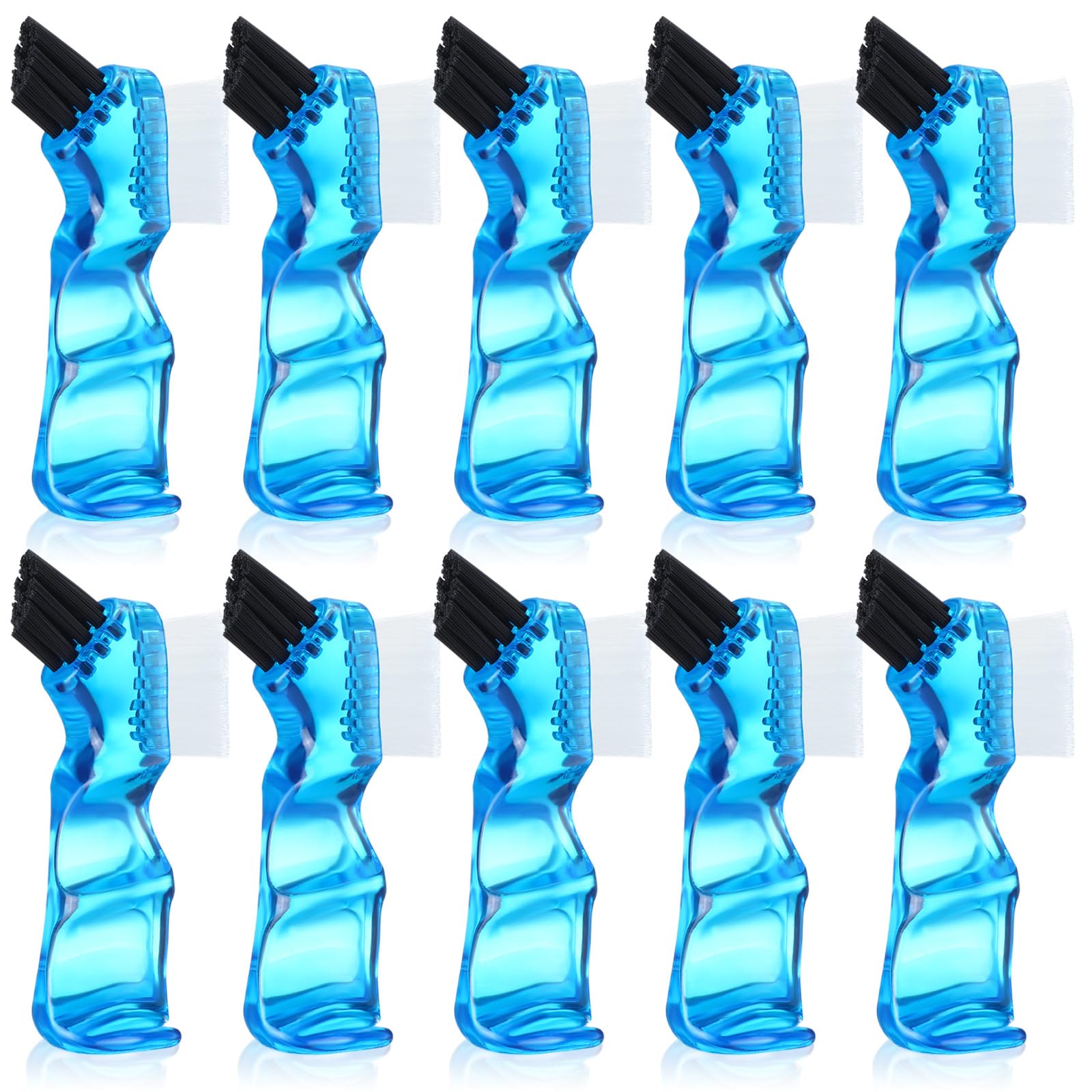 Ten mini denture brushes with blue handles