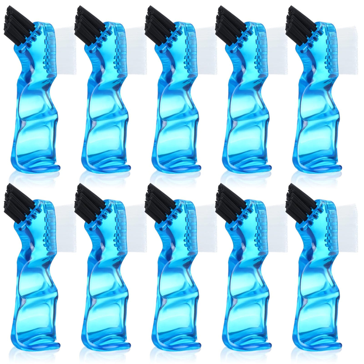 Ten mini denture brushes with blue handles
