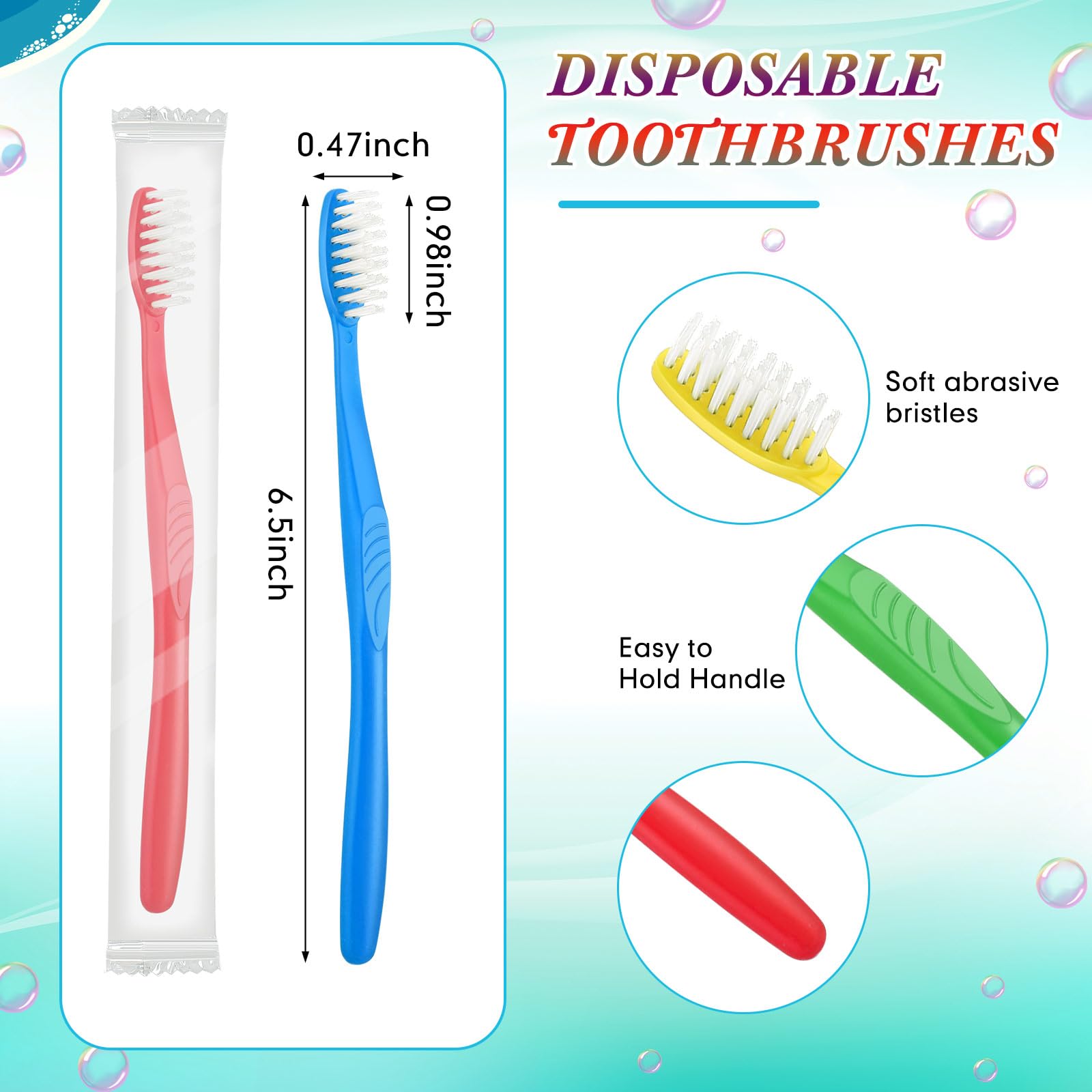 Individually wrapped disposable toothbrushes in red blue green yellow