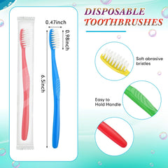 Individually wrapped disposable toothbrushes in red blue green yellow