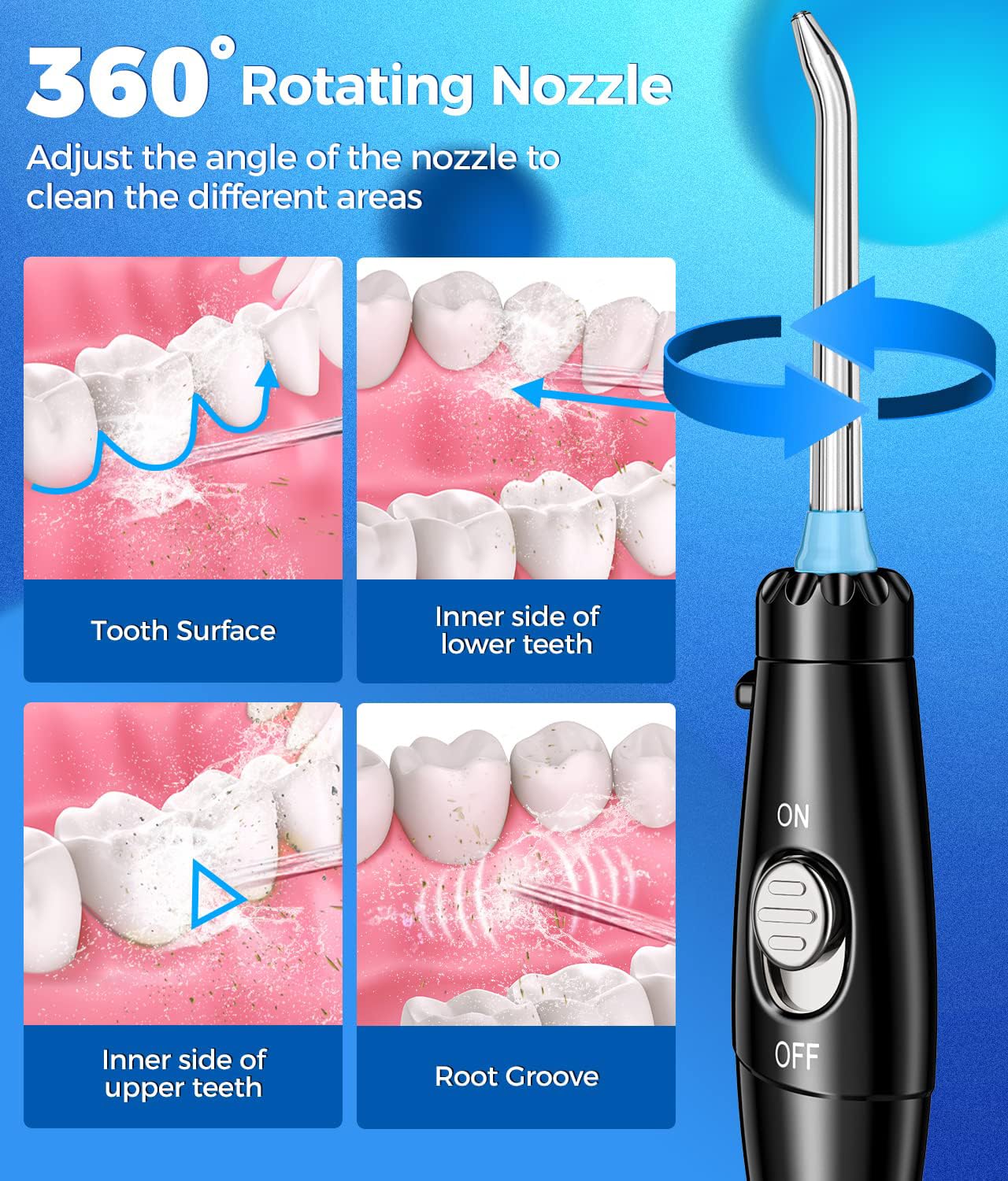 Water flosser tip rotates 360 degrees