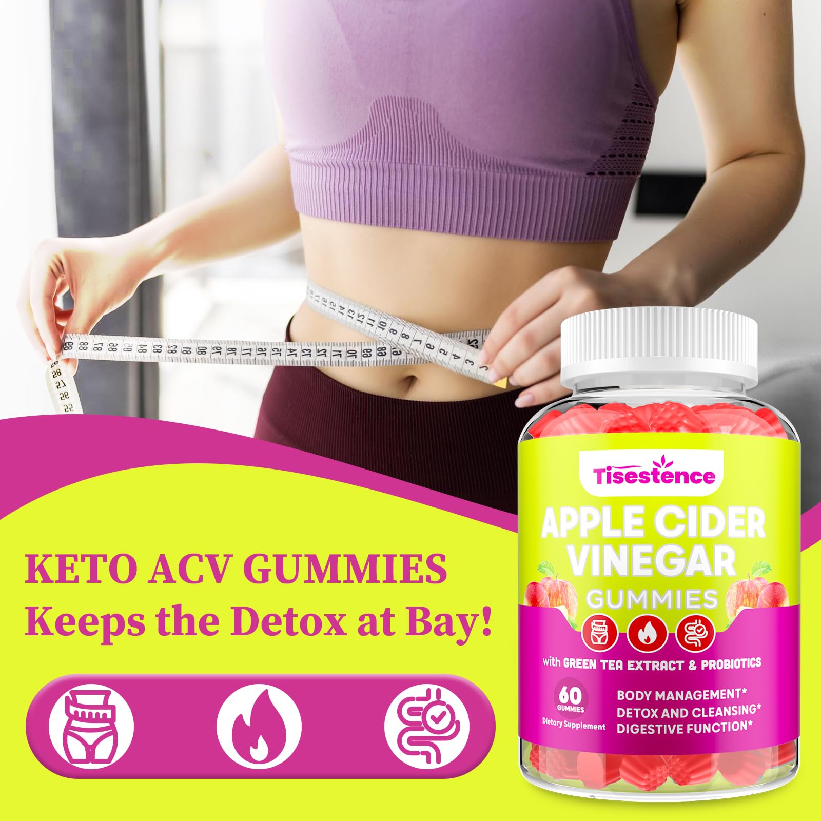 Tisestence ACV gummies with B12 label and probiotic benefits for gut health