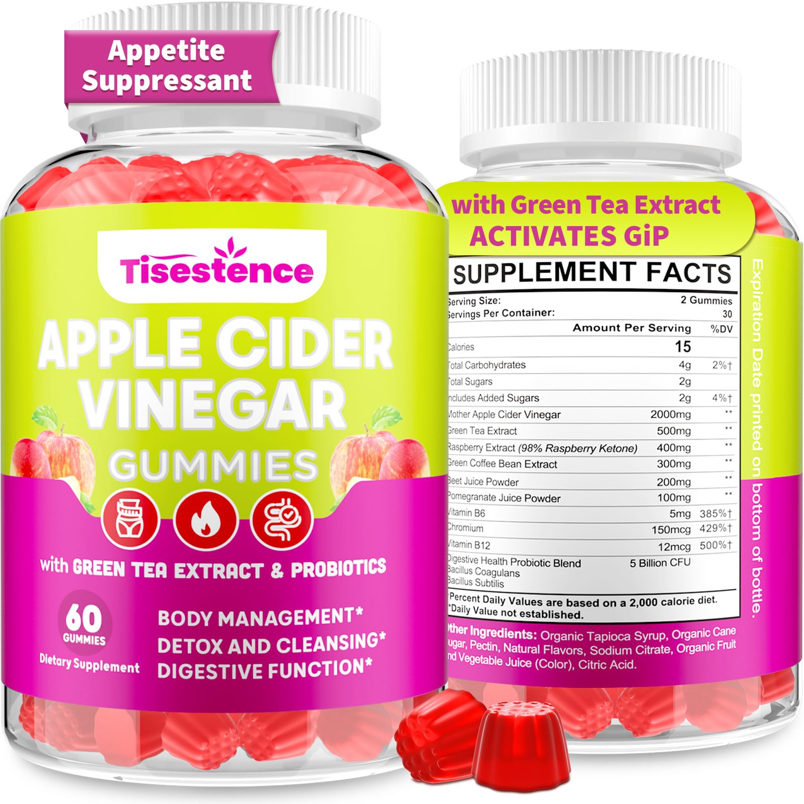 Tisestence Appetite Gummies bottle with ACV and probiotics for gut-friendly energy.