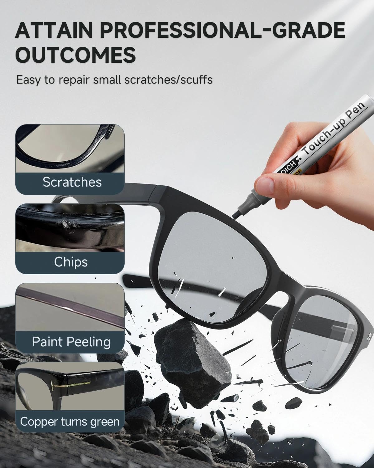 Scratches being color-matched on a metal eyeglass frame