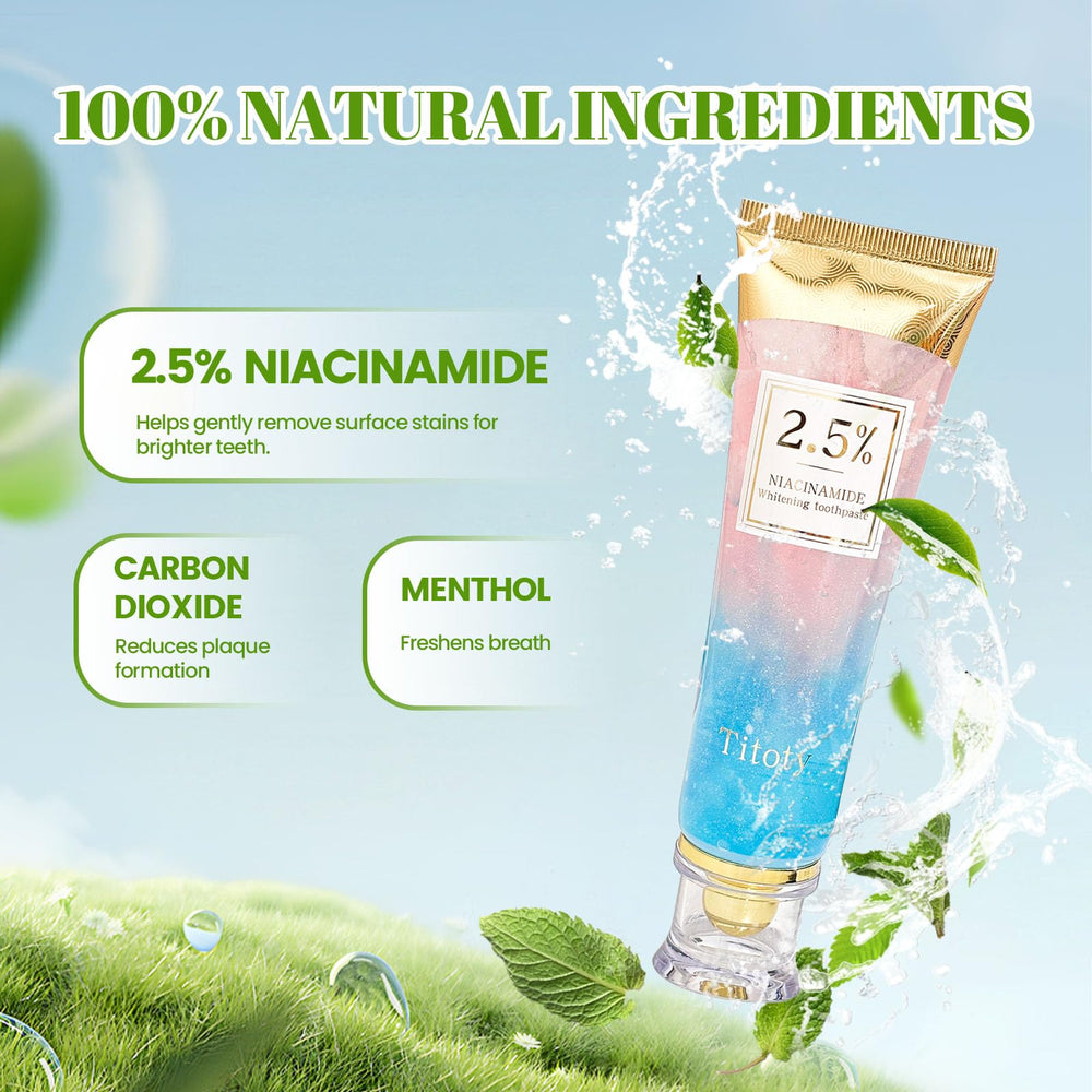 Close-up of Titoty Niacinamide toothpaste with 2.5% formula