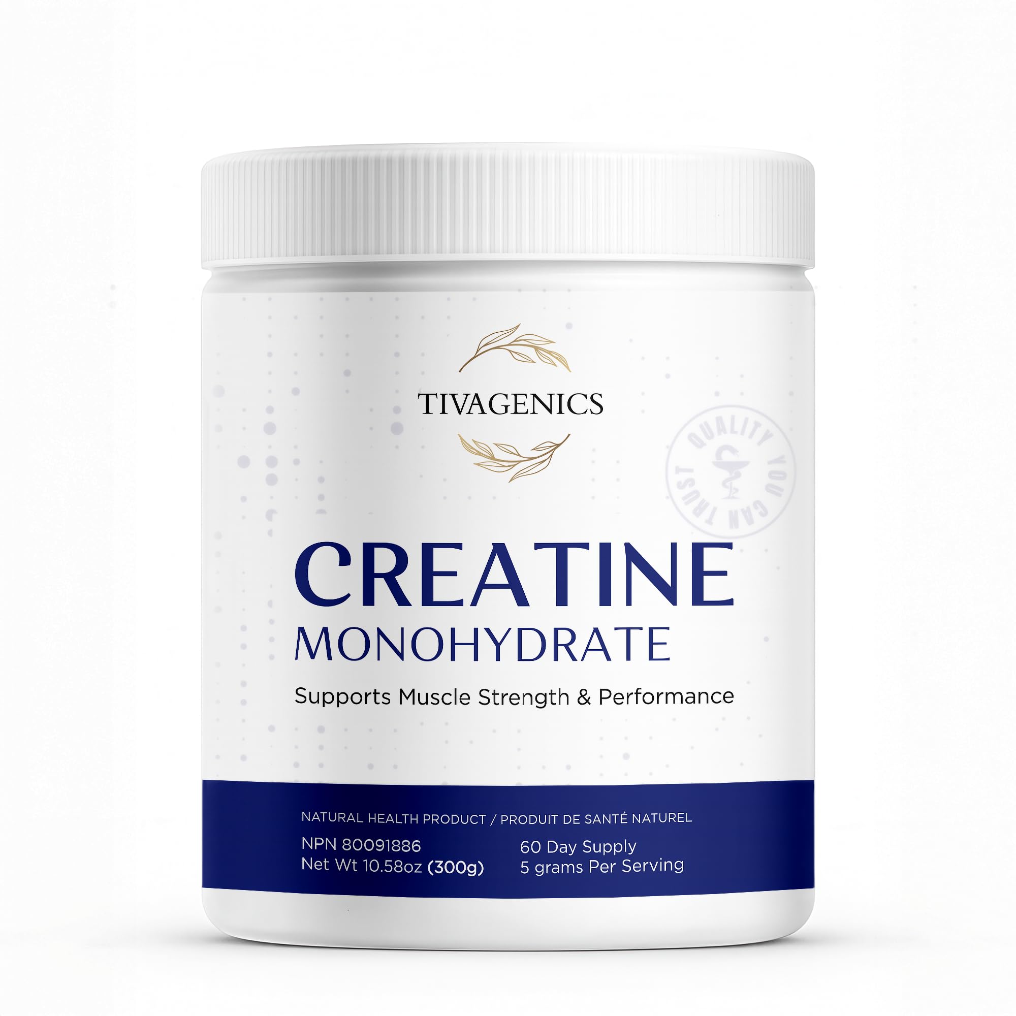 Front view of TIVAGENICS Creatine Monohydrate 300g container