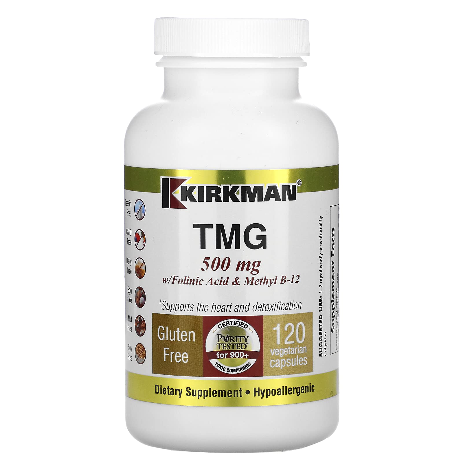 TMG 500 mg capsules with folinic acid and B12, hypoallergenic, 120-count