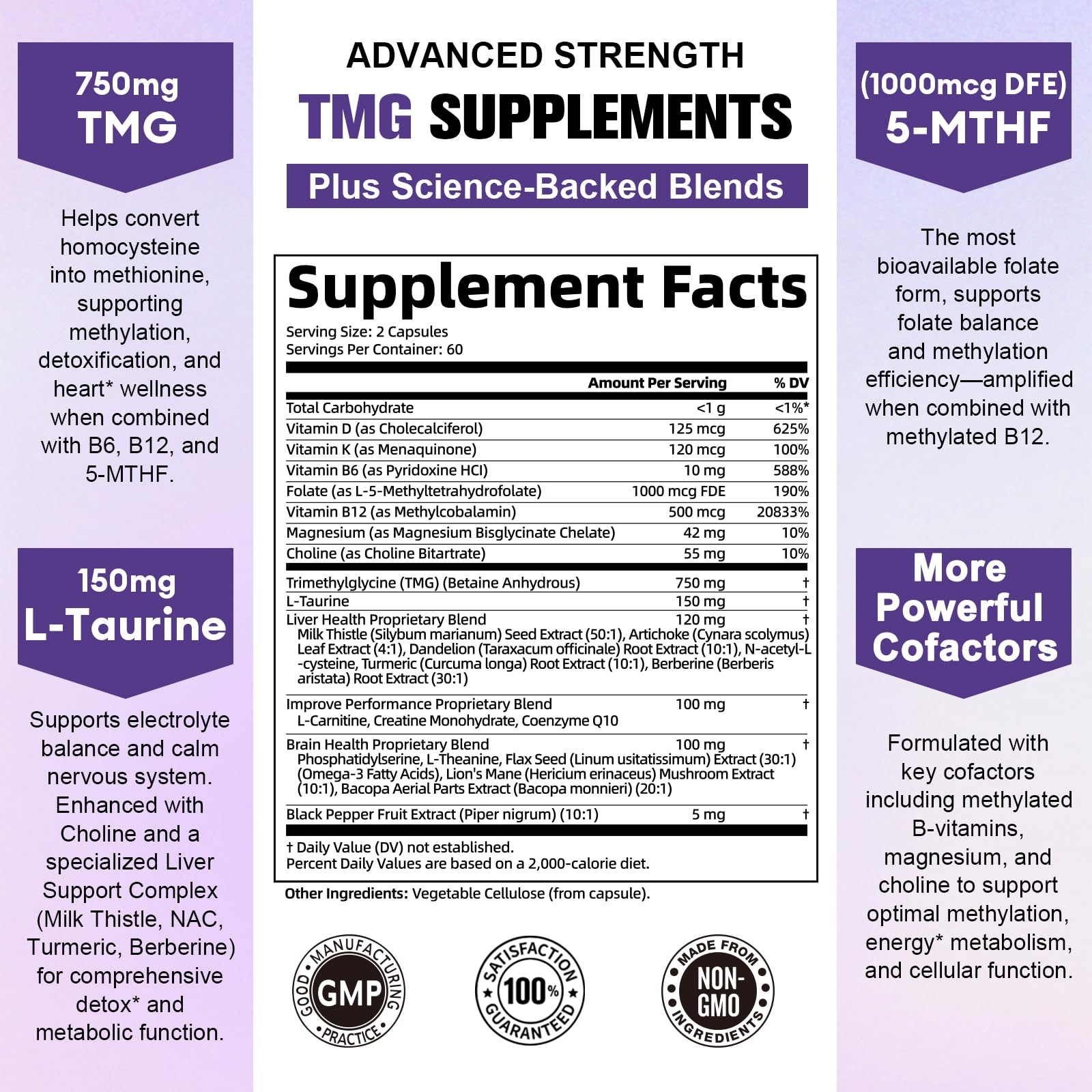 Close-up of TMG 750 mg per serving label on Totaria package.