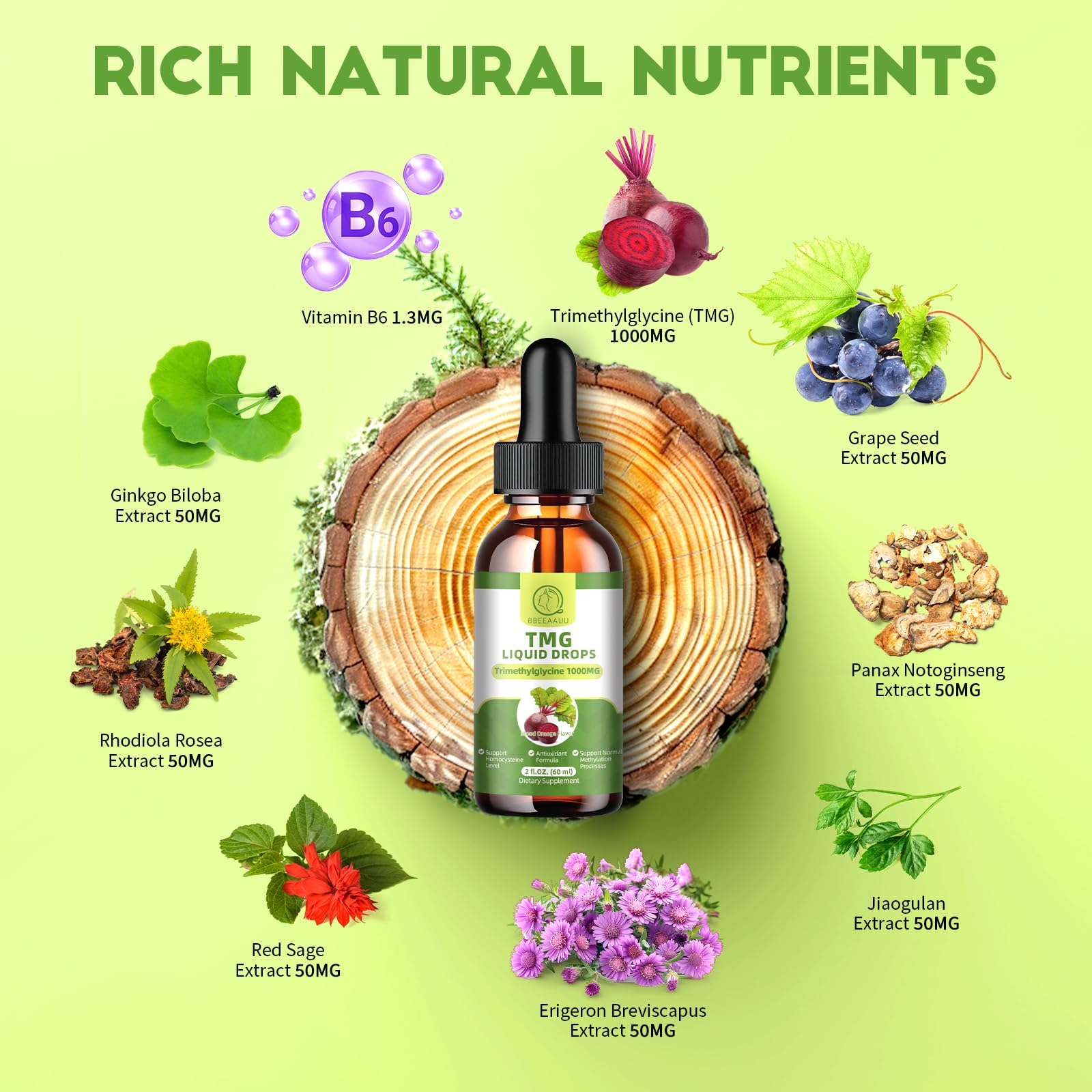 Ingredients panel showing 50 mg botanical extracts and 1.3 mg vitamin B6