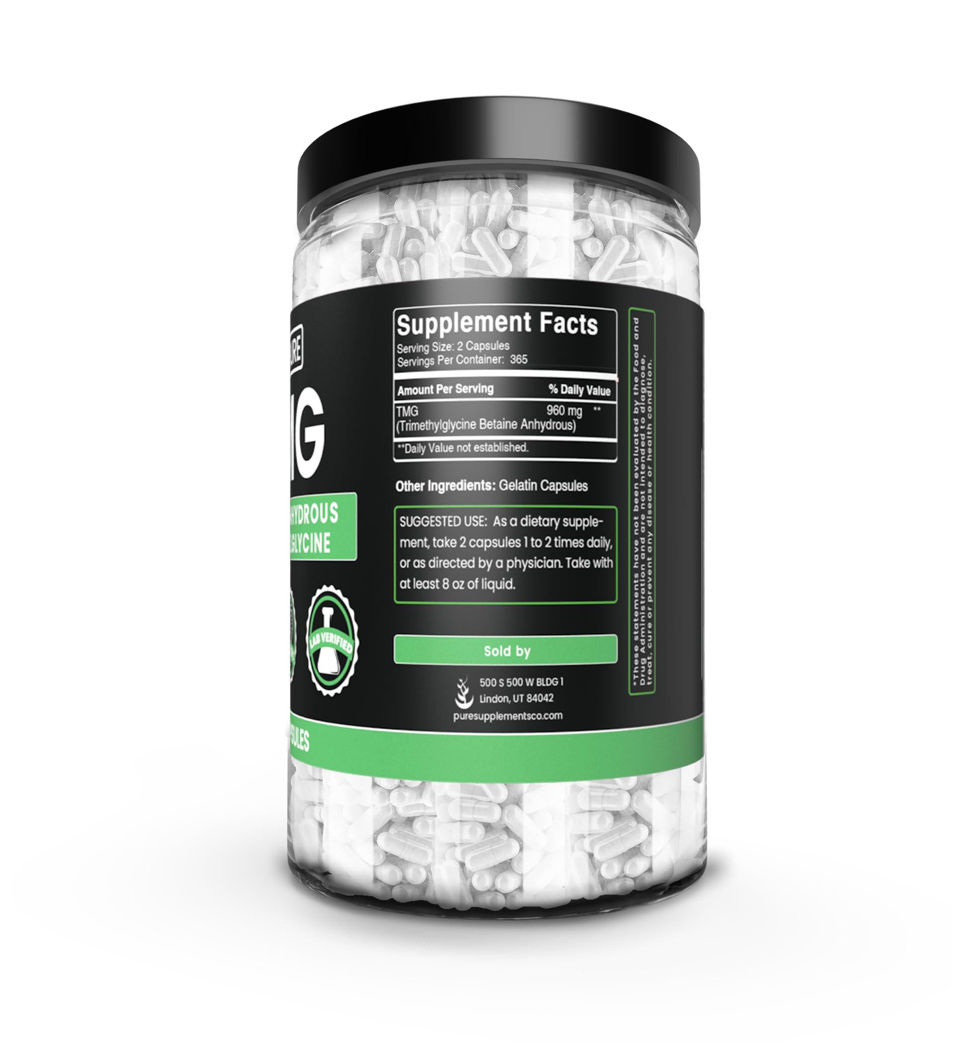 Close-up of pure TMG single-ingredient capsules