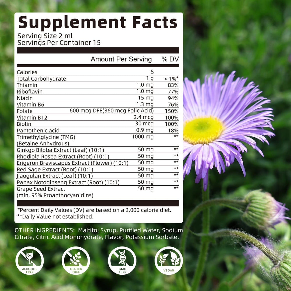 Product bottle label showing dosage and vegan/non-GMO claims