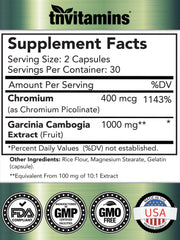 tnvitamins Garcinia Cambogia capsules close-up highlighting 1000 mg per serving.