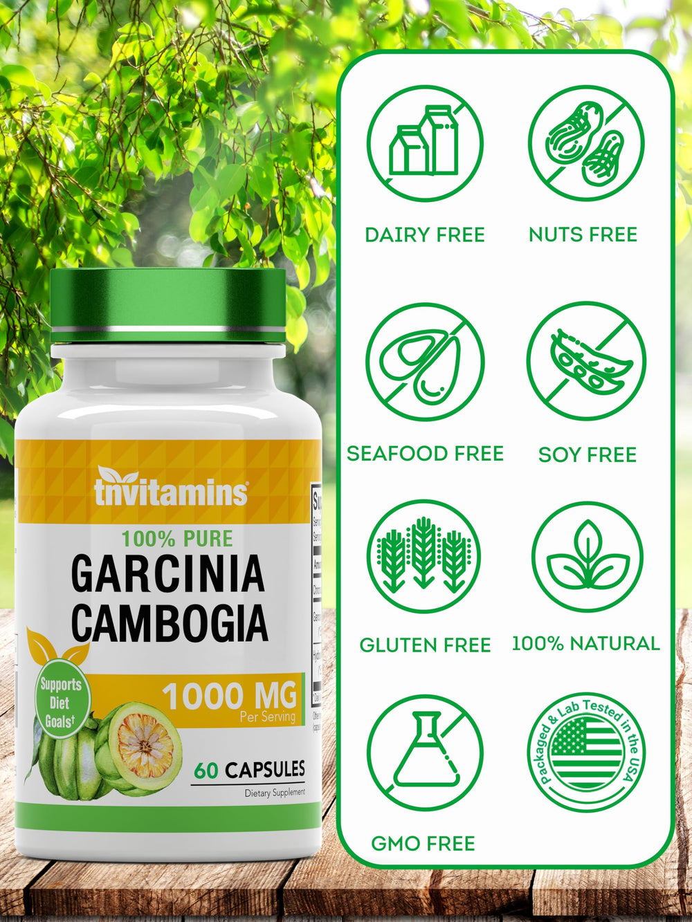 tnvitamins Garcinia Cambogia product with chromium icon indicating mineral support.