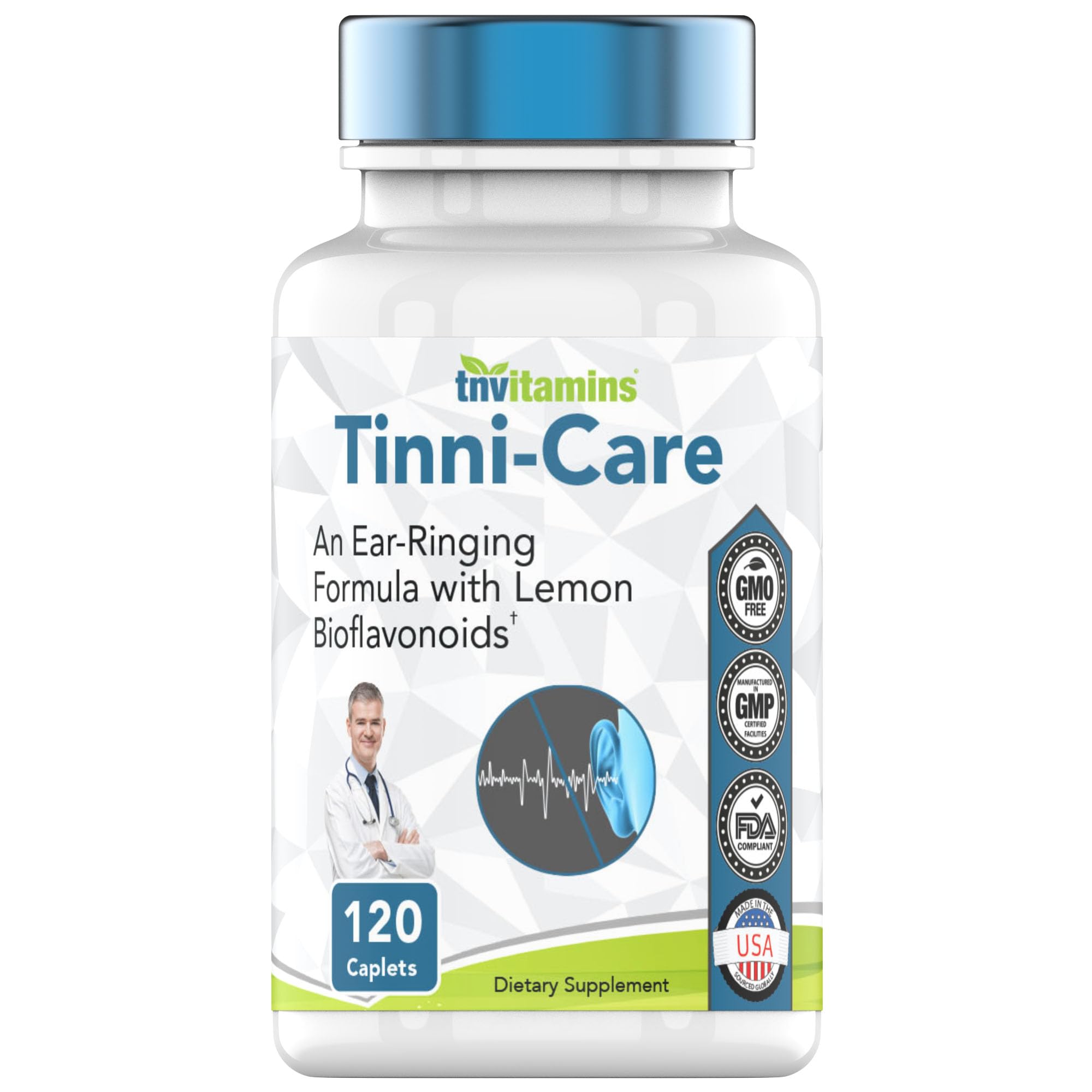 Bottle of Tnvitamins Tinni-Care Lemon Bioflavonoid supplement with 120 caplets