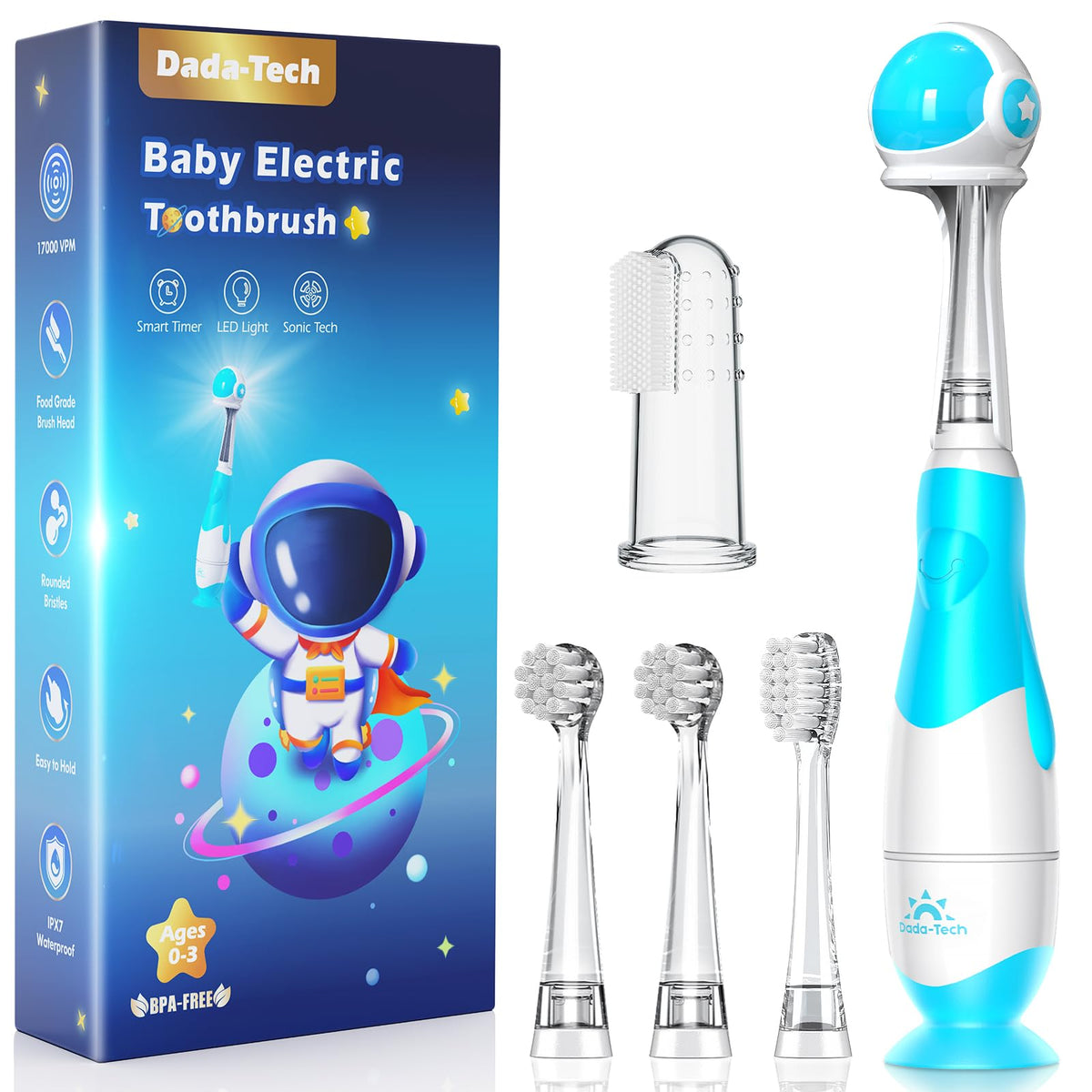 Toddler electric toothbrush with blue astronaut cover