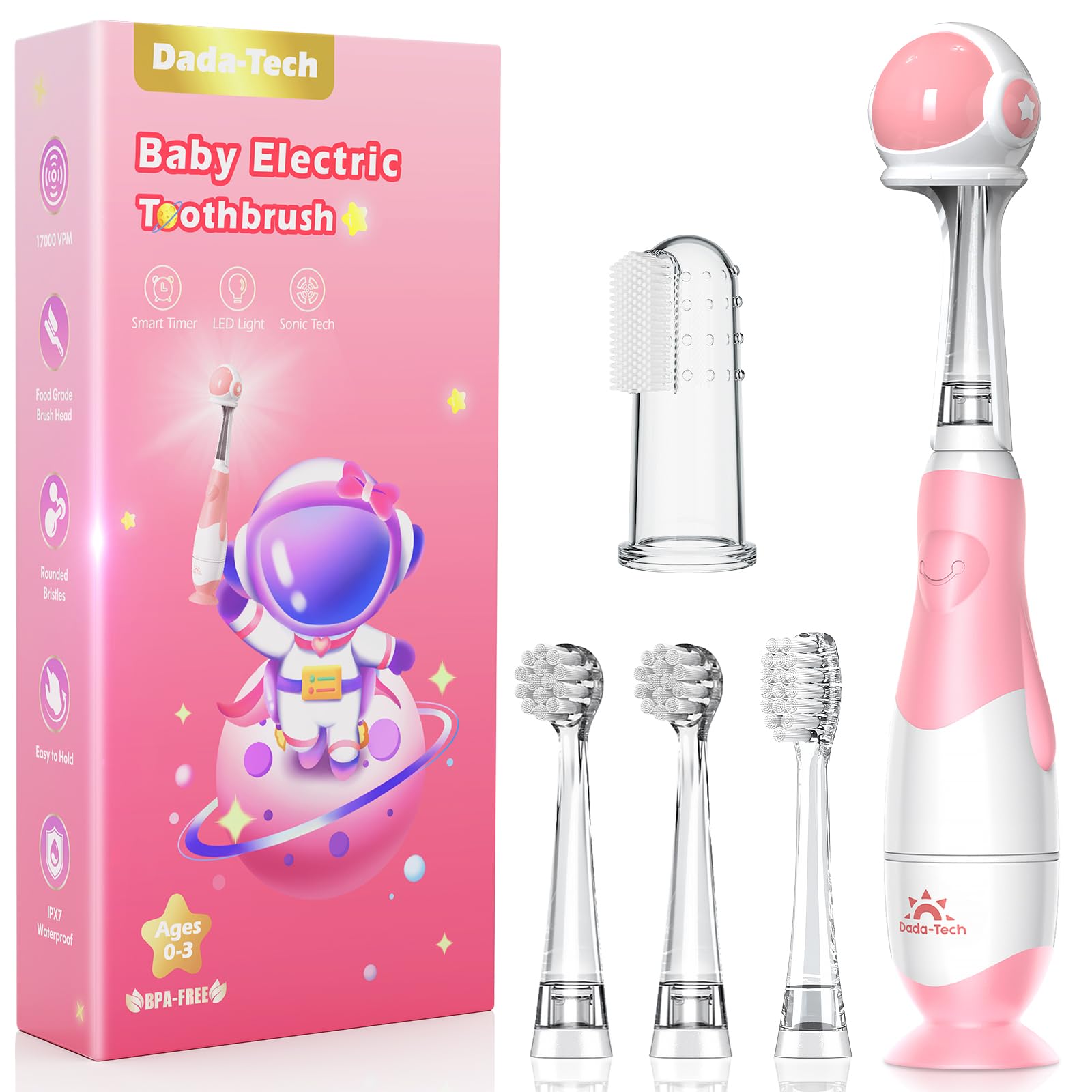 Pink astronaut cover on toddler electric toothbrush