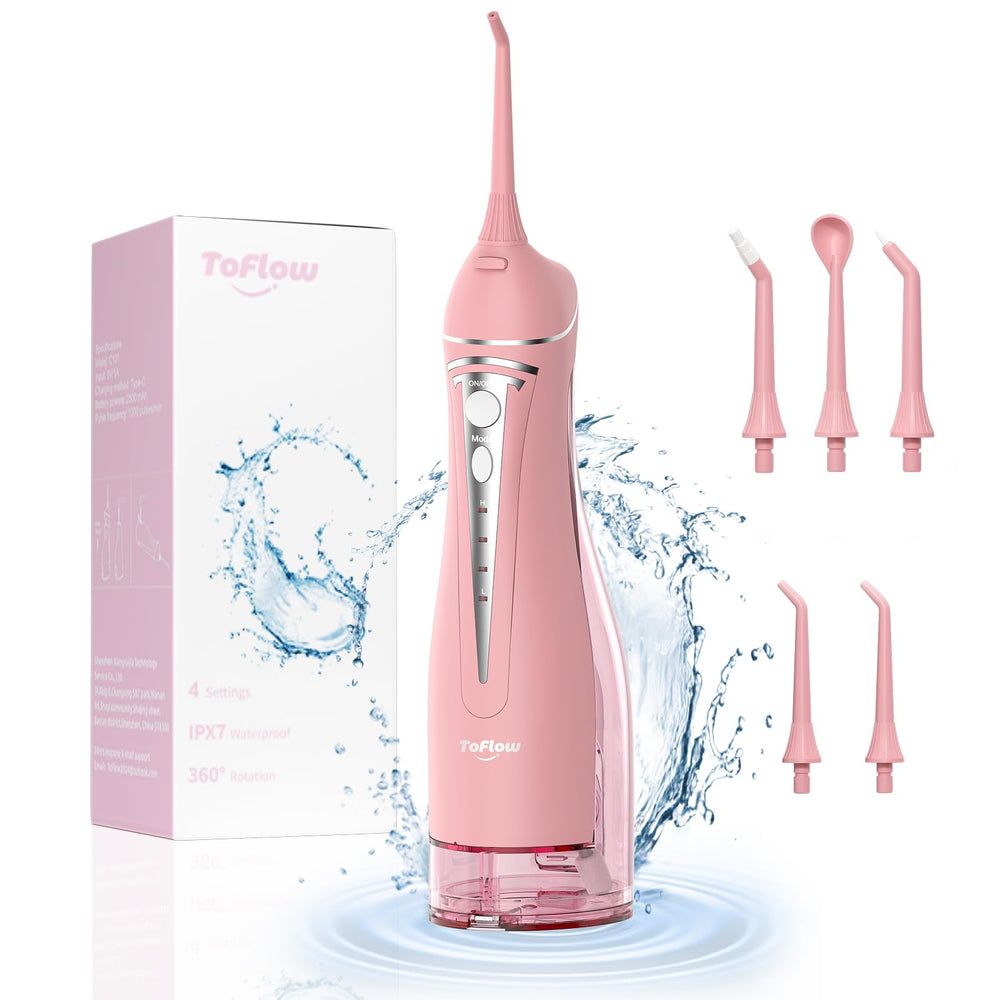 ToFlow Water Flosser pink cordless unit with charging base