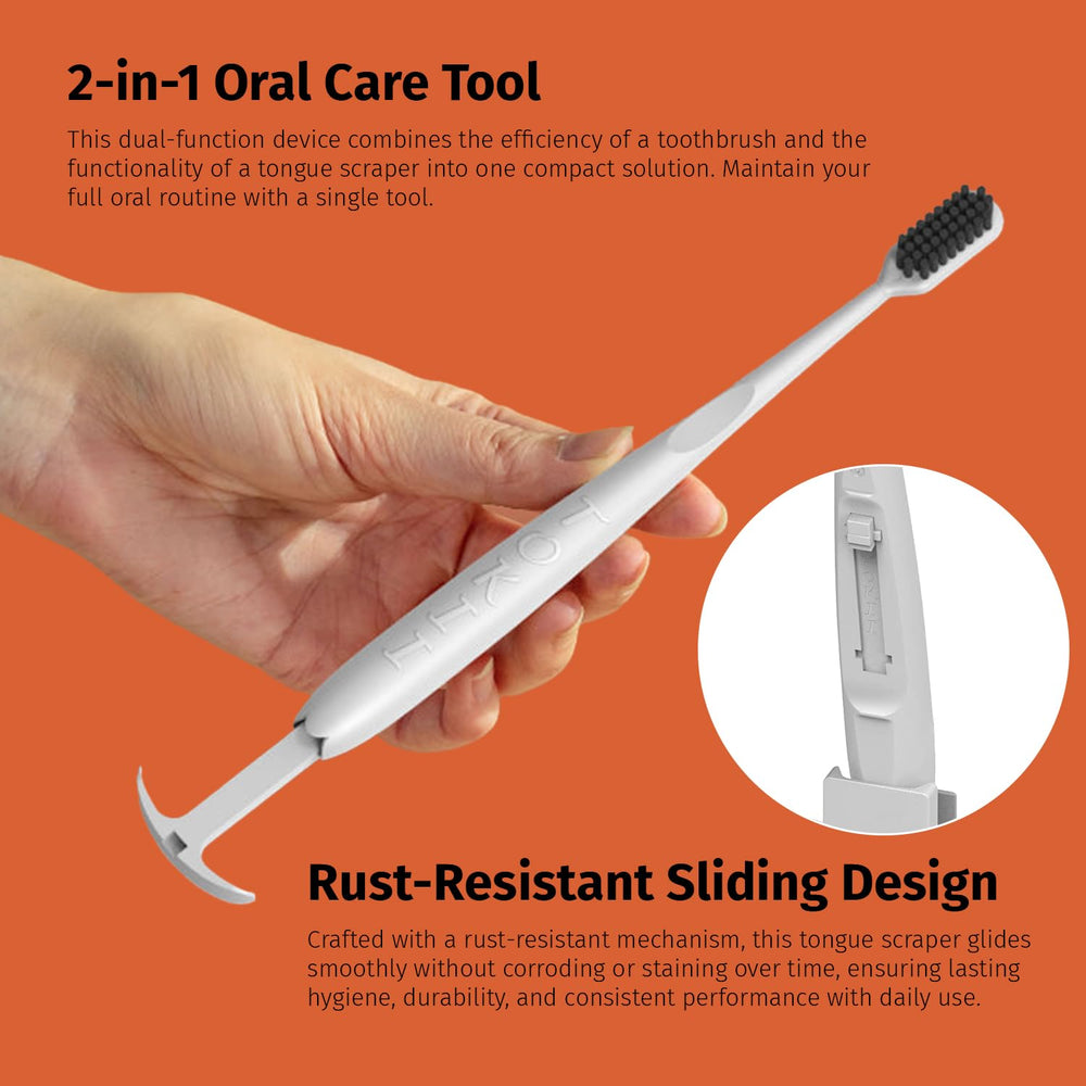 Half-moon tongue scraper design gliding across the tongue