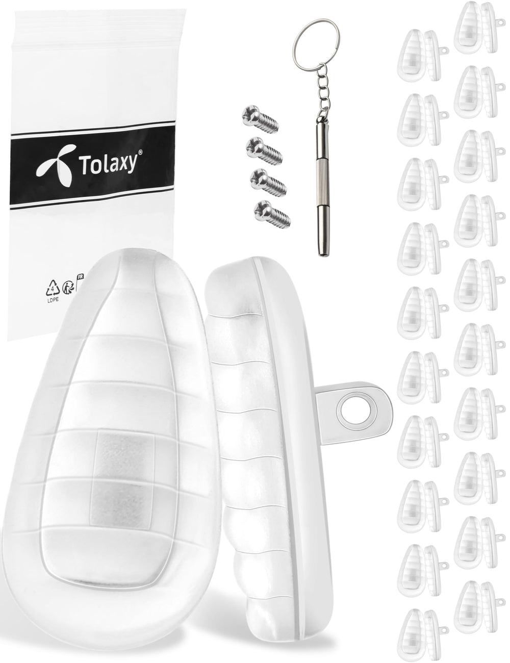 Tolaxy 20-pairs screw-in nose pads 15mm, clear striped, anti-slip for Oakley Plier OX5142 and OO4106 sunglasses