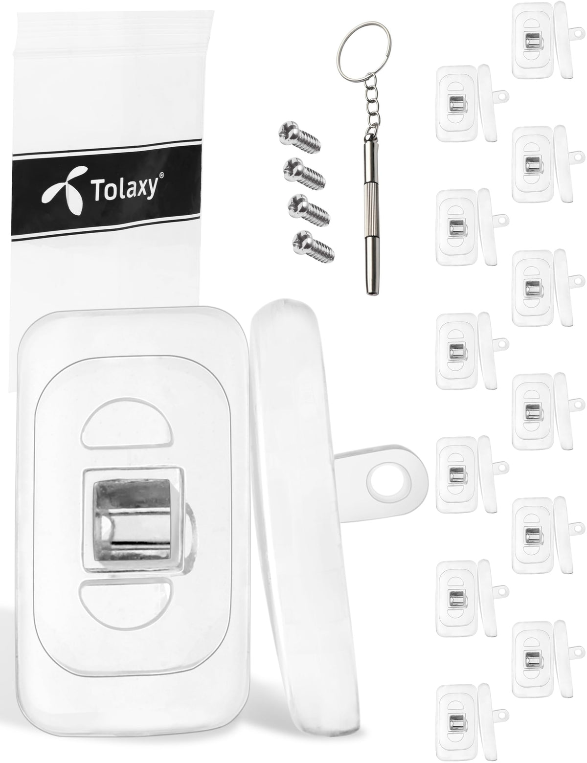 Tolaxy nose pads 11mm clear rectangle – 12 pairs in front view
