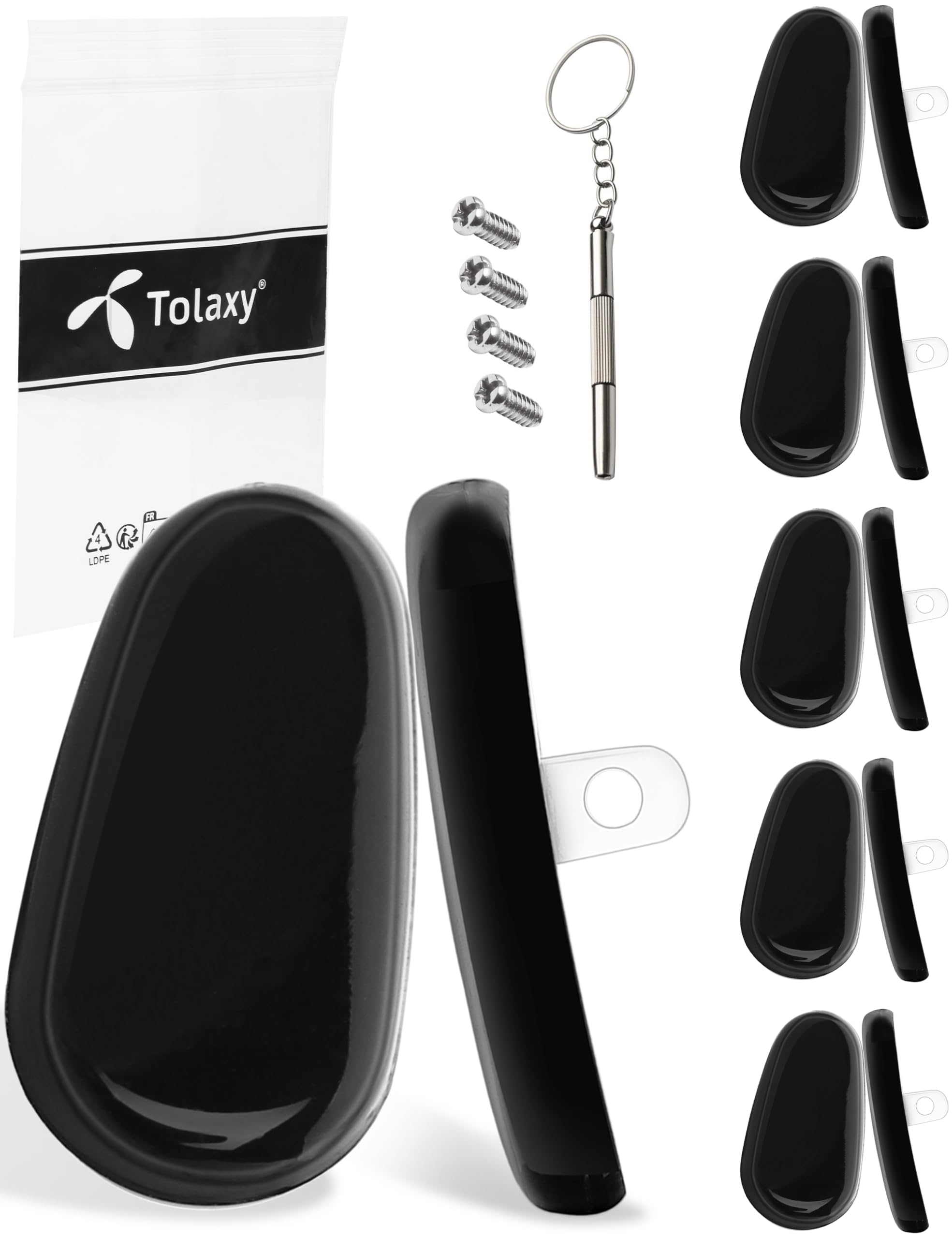 Tolaxy 15mm black screw-in eyeglass nose pads set, 5 pairs, close-up