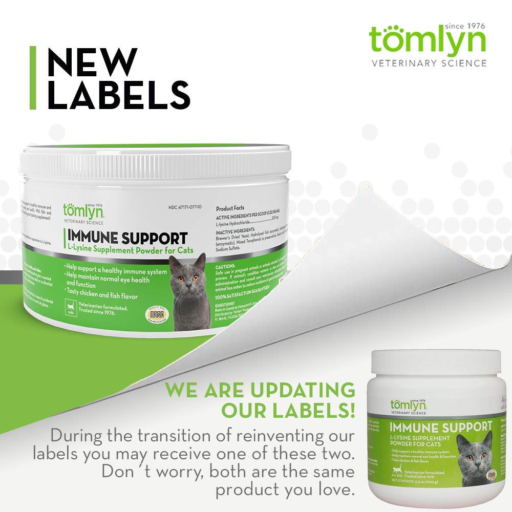 Tomlyn L-Lysine supplement packaging beside cat food