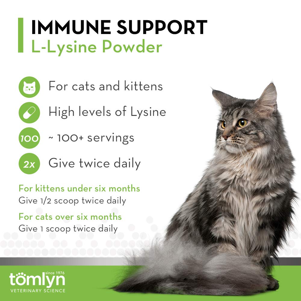 Label close-up of Tomlyn fish flavor L-Lysine powder