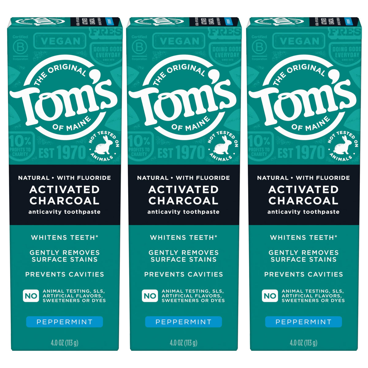 Three 4.7-ounce tubes of Tom's of Maine Activated Charcoal Toothpaste Peppermint in a 3-pack