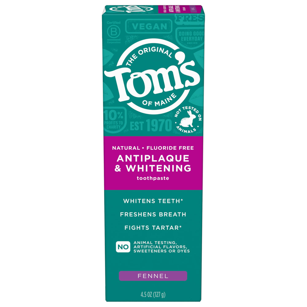 Front packaging of Tom's of Maine Antiplaque and Whitening Toothpaste Fluoride Free Fennel 4.5 oz