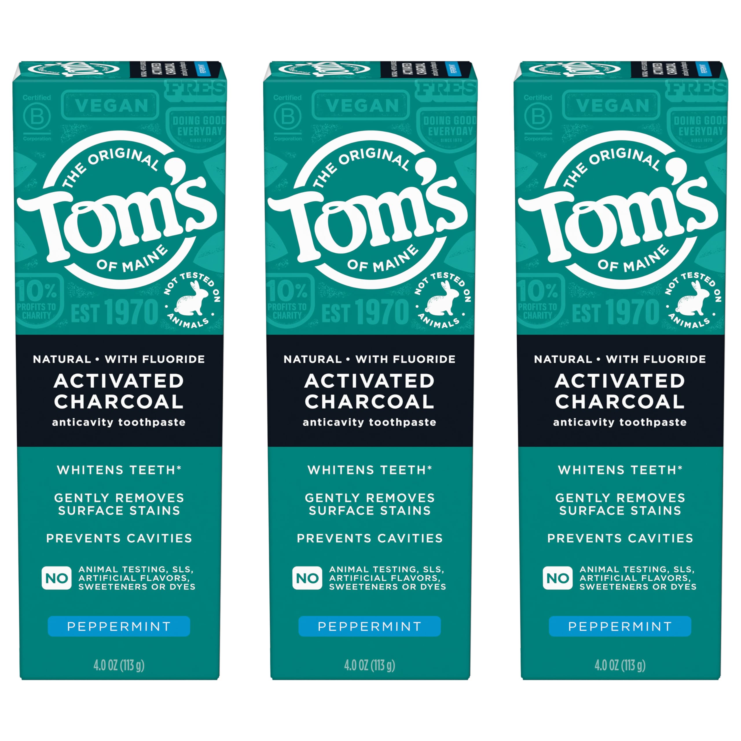 Tom's of Maine Natural Activated Charcoal Toothpaste with Fluoride Peppermint 4 oz tube (3-pack)