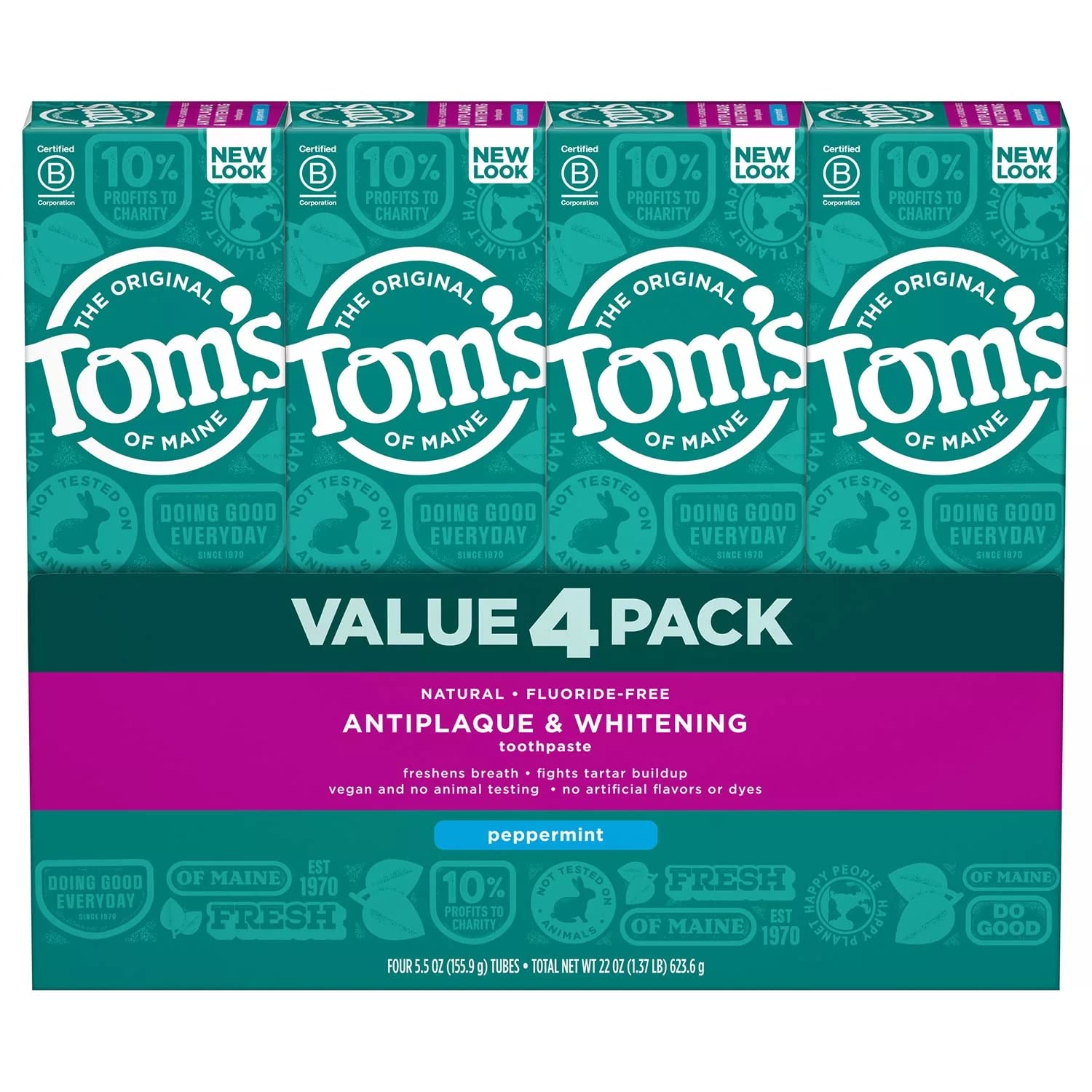 Tom's of Maine fluoride-free antiplaque toothpaste packaging for 4-pack