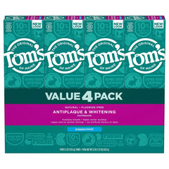 Tom's of Maine fluoride-free antiplaque toothpaste packaging for 4-pack