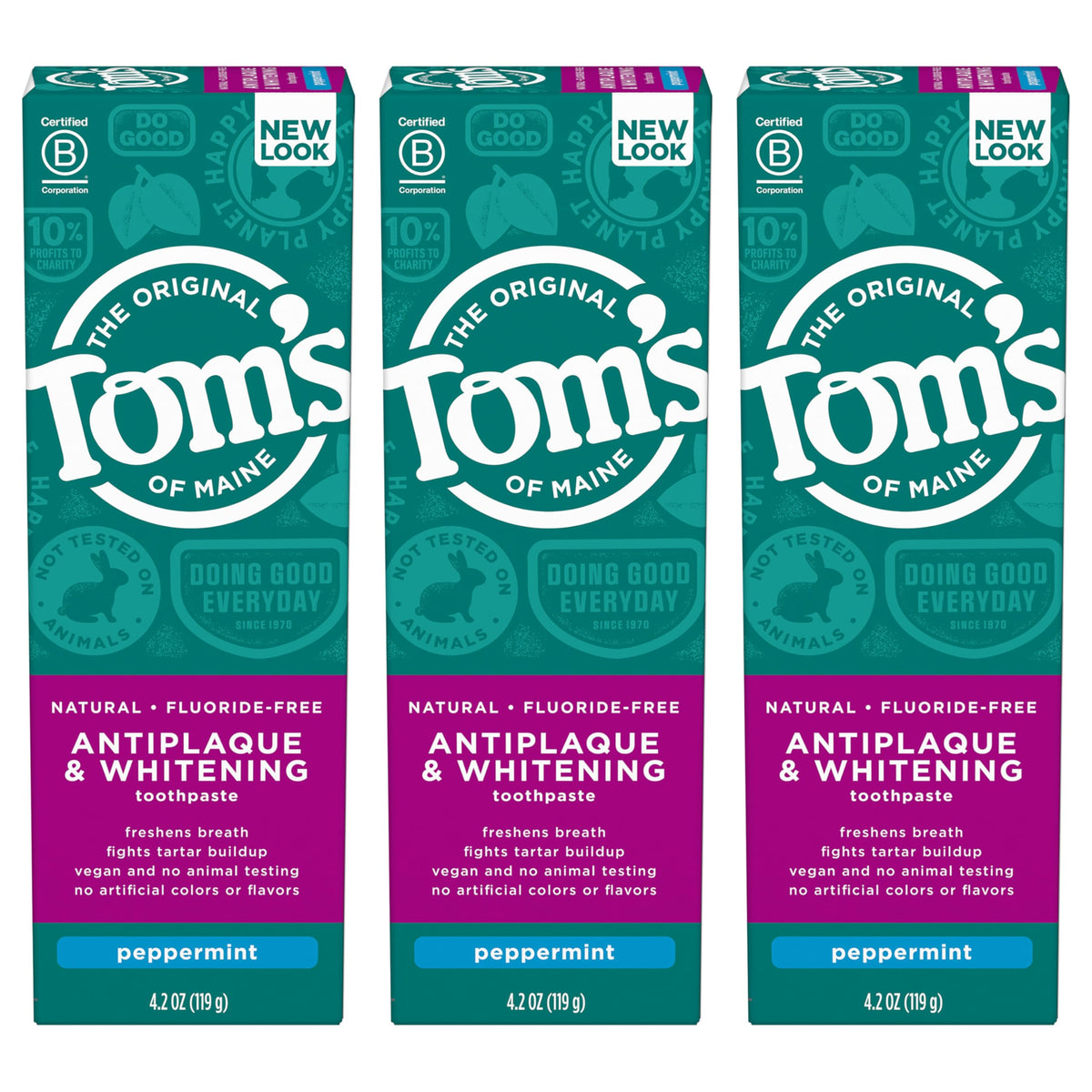Three Tom's of Maine fluoride-free antiplaque & whitening toothpaste tubes in peppermint flavor, 4.2 oz each