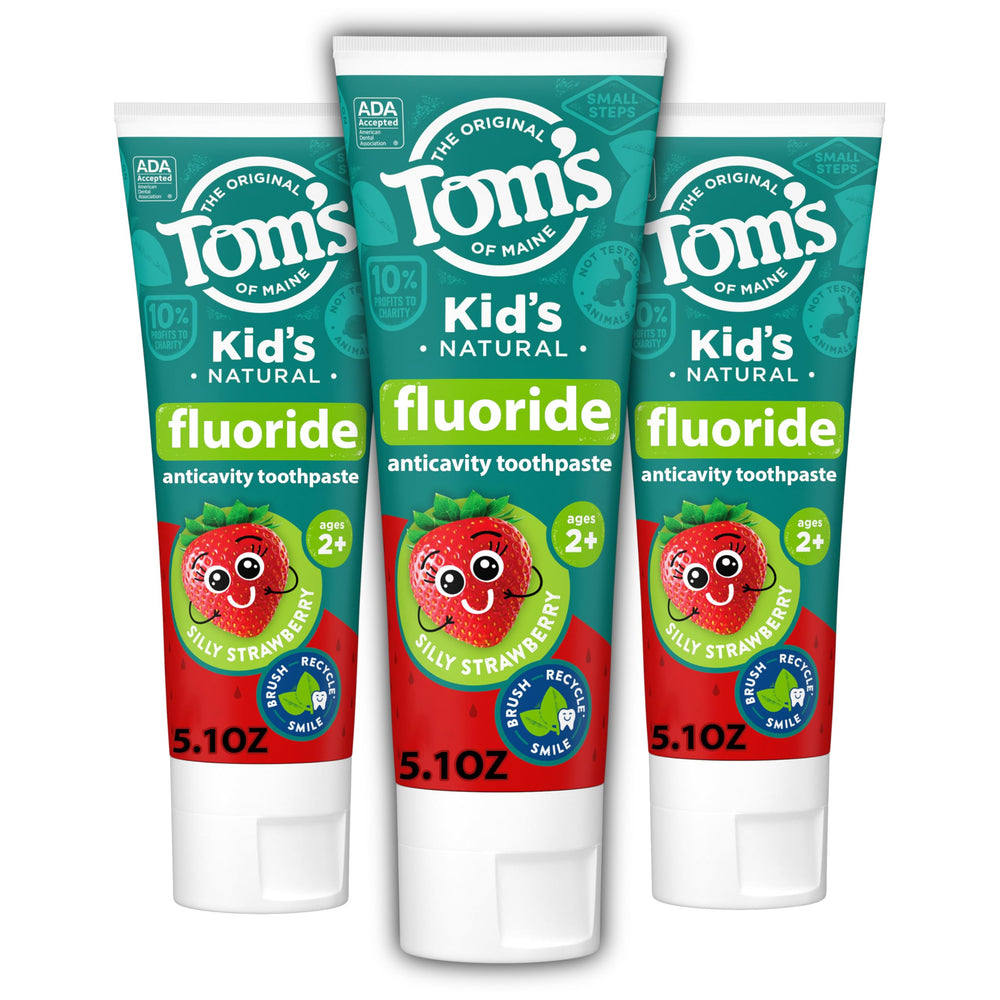 Three 5.1-ounce tubes of Tom's of Maine Kids Fluoride Toothpaste in Silly Strawberry