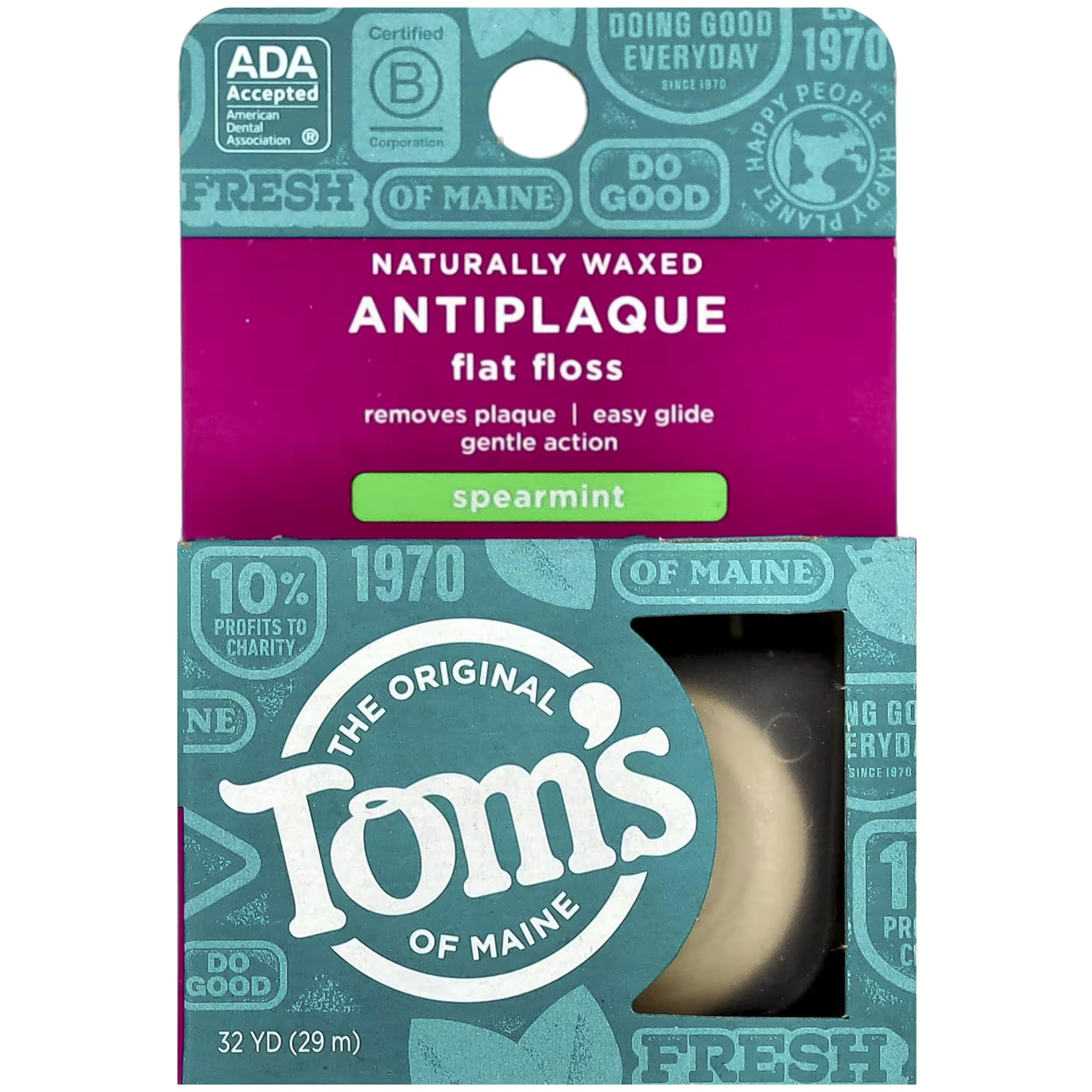 Tom's of Maine Natural Waxed Antiplaque Flat Floss spearmint packaging front
