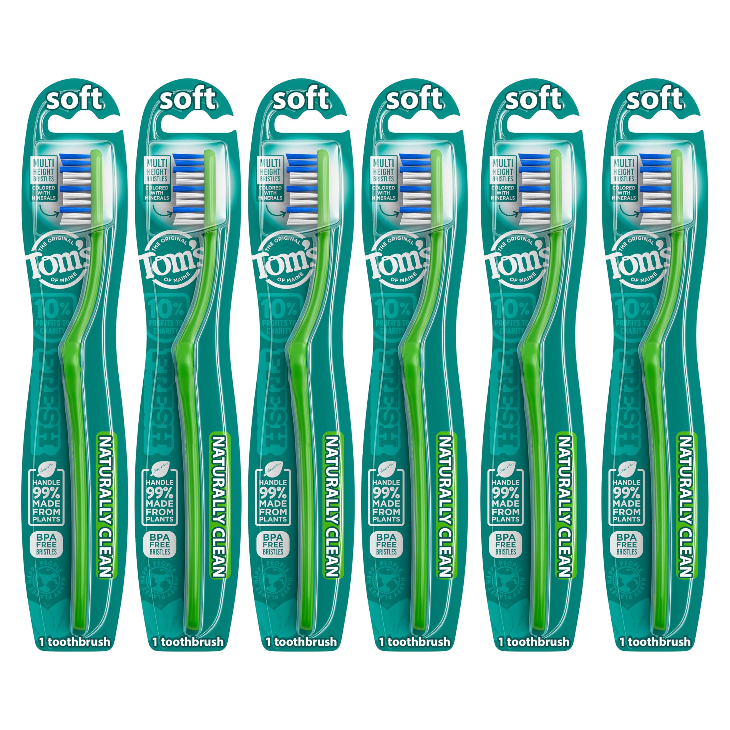 Six-pack of Tom's of Maine Naturally Clean Toothbrushes with Soft Bristles