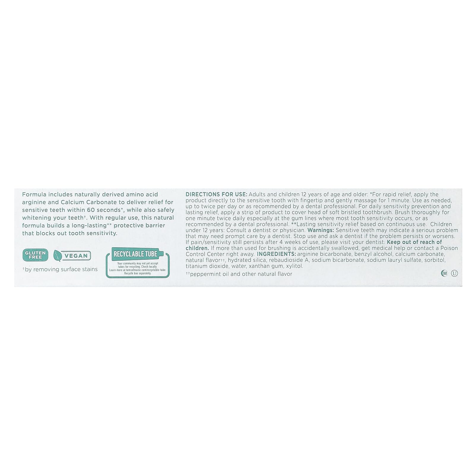 Packaging of Tom's of Maine Sensitive + Whitening Fluoride-Free Toothpaste Mint 4oz