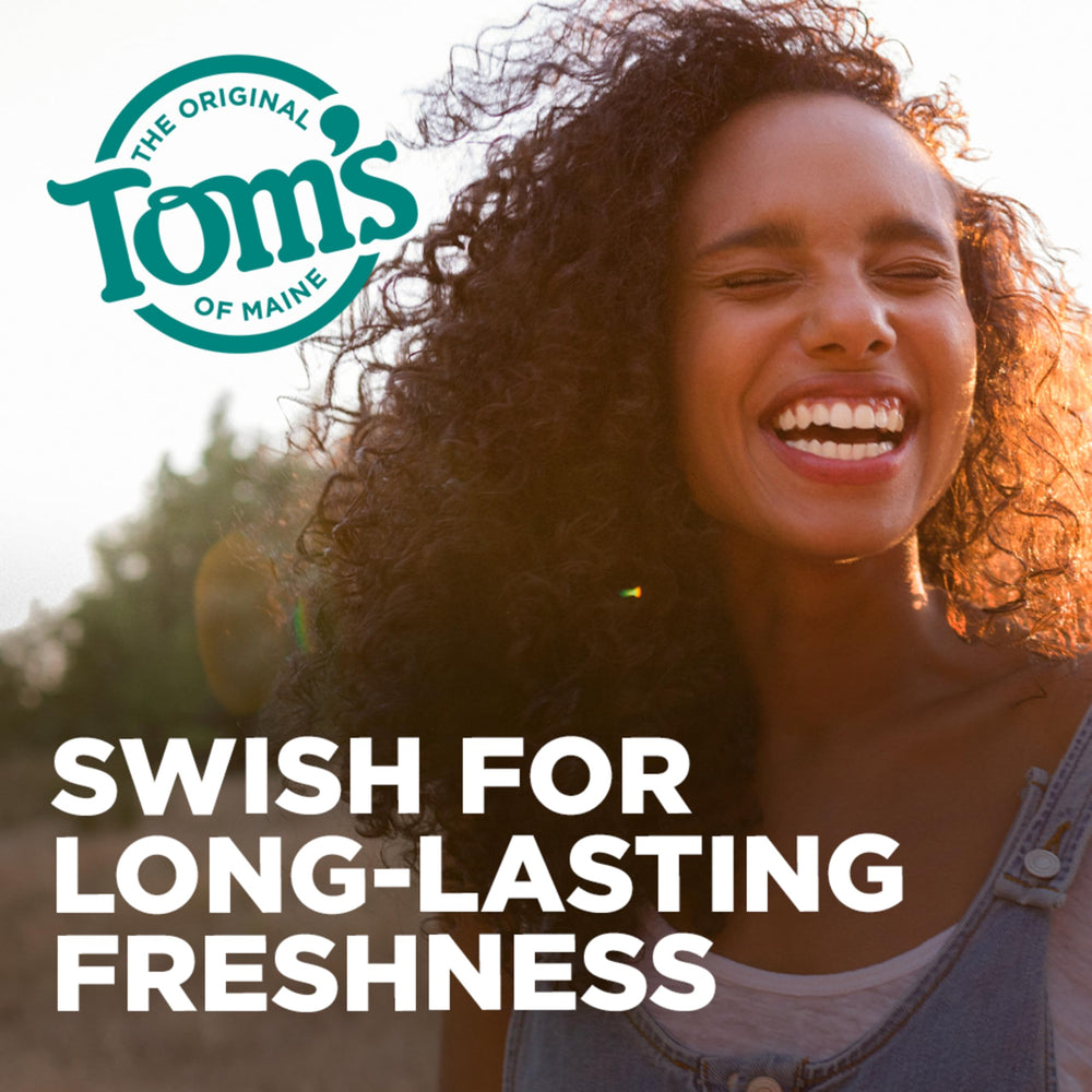 Label highlighting fluoride-free and alcohol-free on Tom's of Maine mouthwash