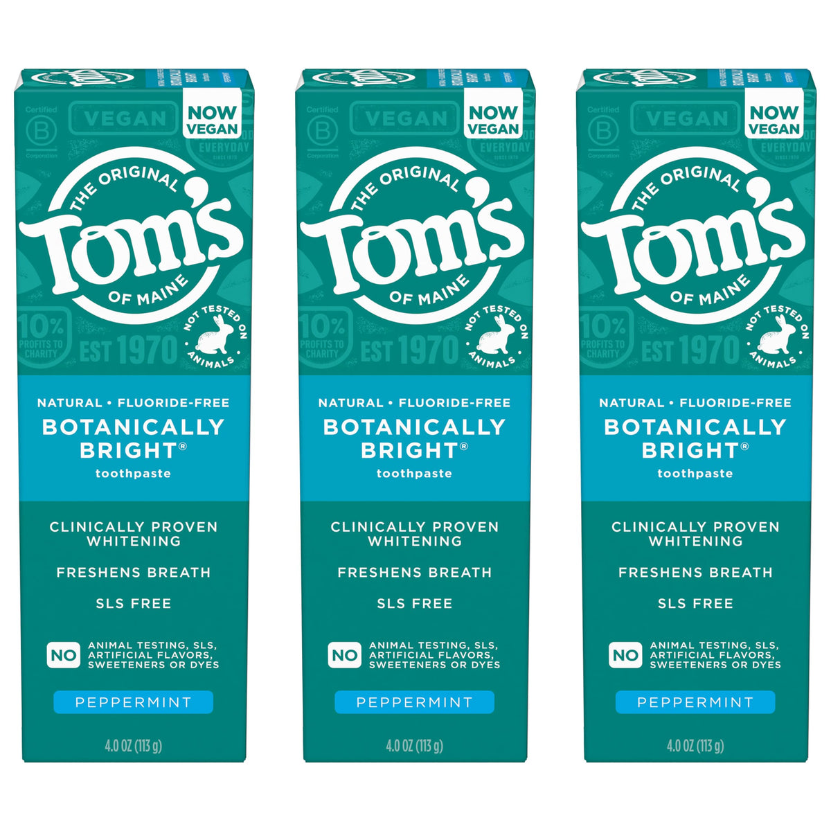 Three 4.0 oz tubes of Tom's of Maine Botanically Bright Fluoride Free Toothpaste (front view)