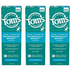 Three 4.0 oz tubes of Tom's of Maine Botanically Bright Fluoride Free Toothpaste (front view)