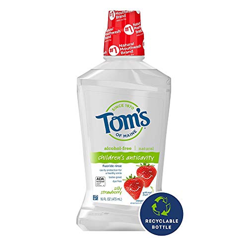 Pack shot showing three 16 oz bottles of Tom's of Maine Silly Strawberry mouthwash 3-pack