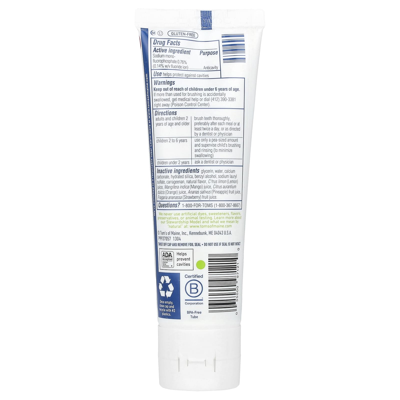 Close-up of Tom's of Maine Kids Natural Fluoride Toothpaste in orange mango flavor
