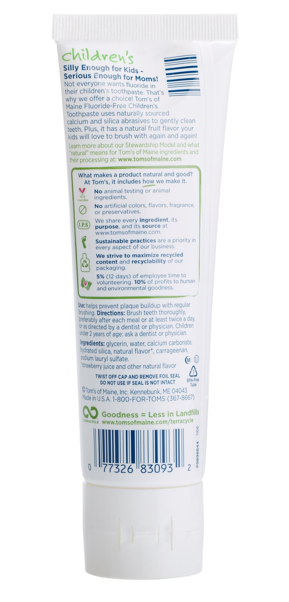 Close-up of Silly Strawberry flavor label on Tom's of Maine toothpaste for kids