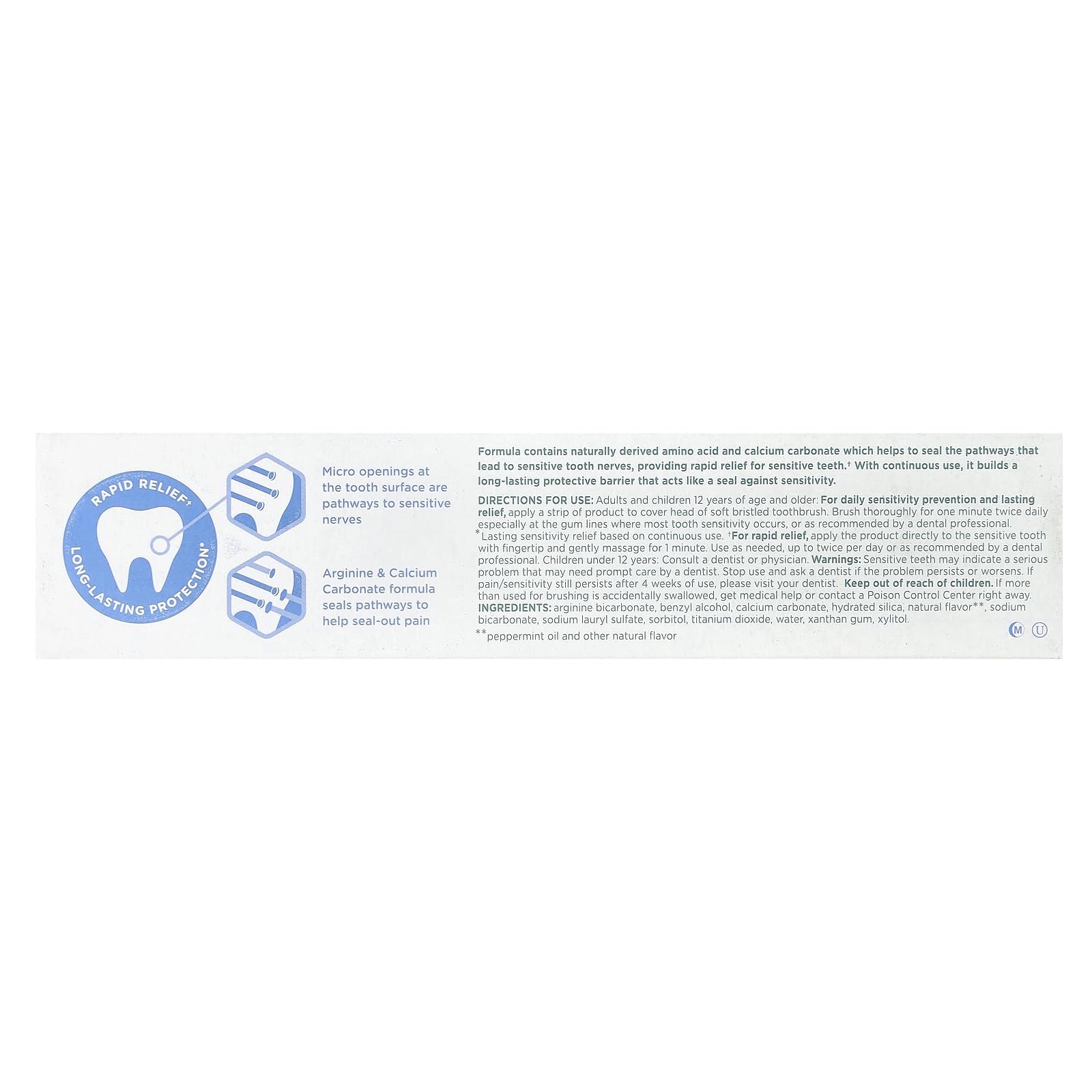 Close-up of naturally-derived ingredients for Tom's of Maine toothpaste: arginine and calcium carbonate
