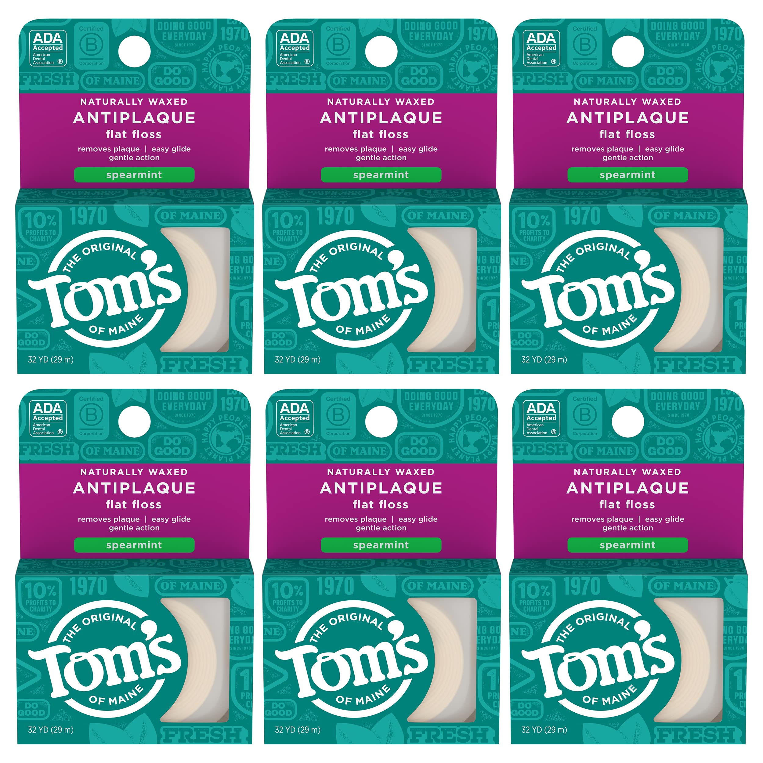 Front view of Tom's of Maine Naturally Waxed Antiplaque Flat Floss Spearmint six-pack (32 yards each)