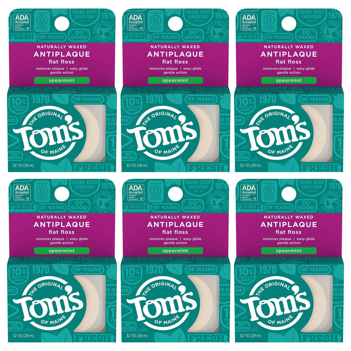 Front view of Tom's of Maine Naturally Waxed Antiplaque Flat Floss Spearmint six-pack (32 yards each)