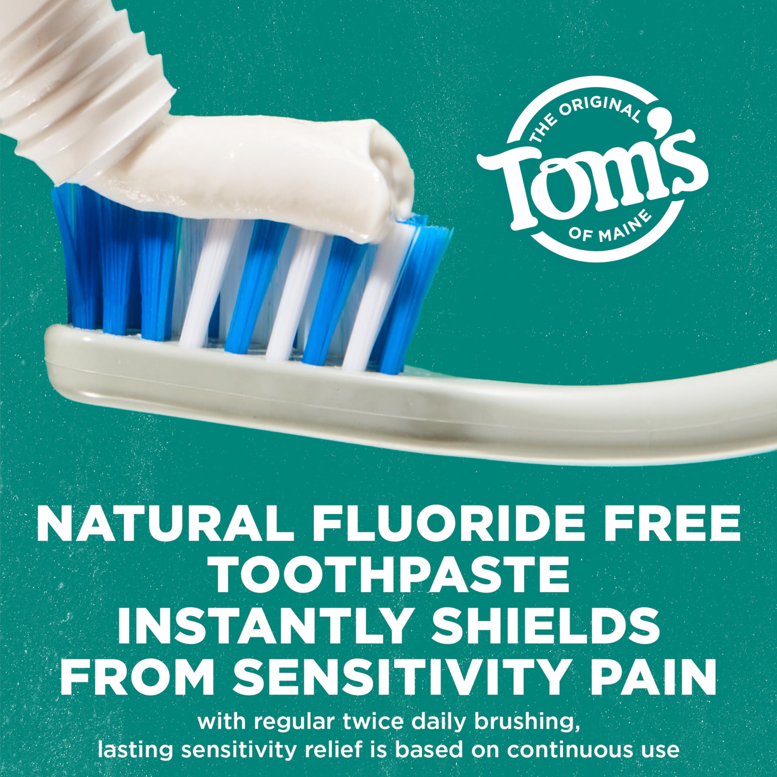 Close-up label on Tom's of Maine Fluoride-Free Rapid Relief Sensitive Toothpaste Fresh Mint 4 oz